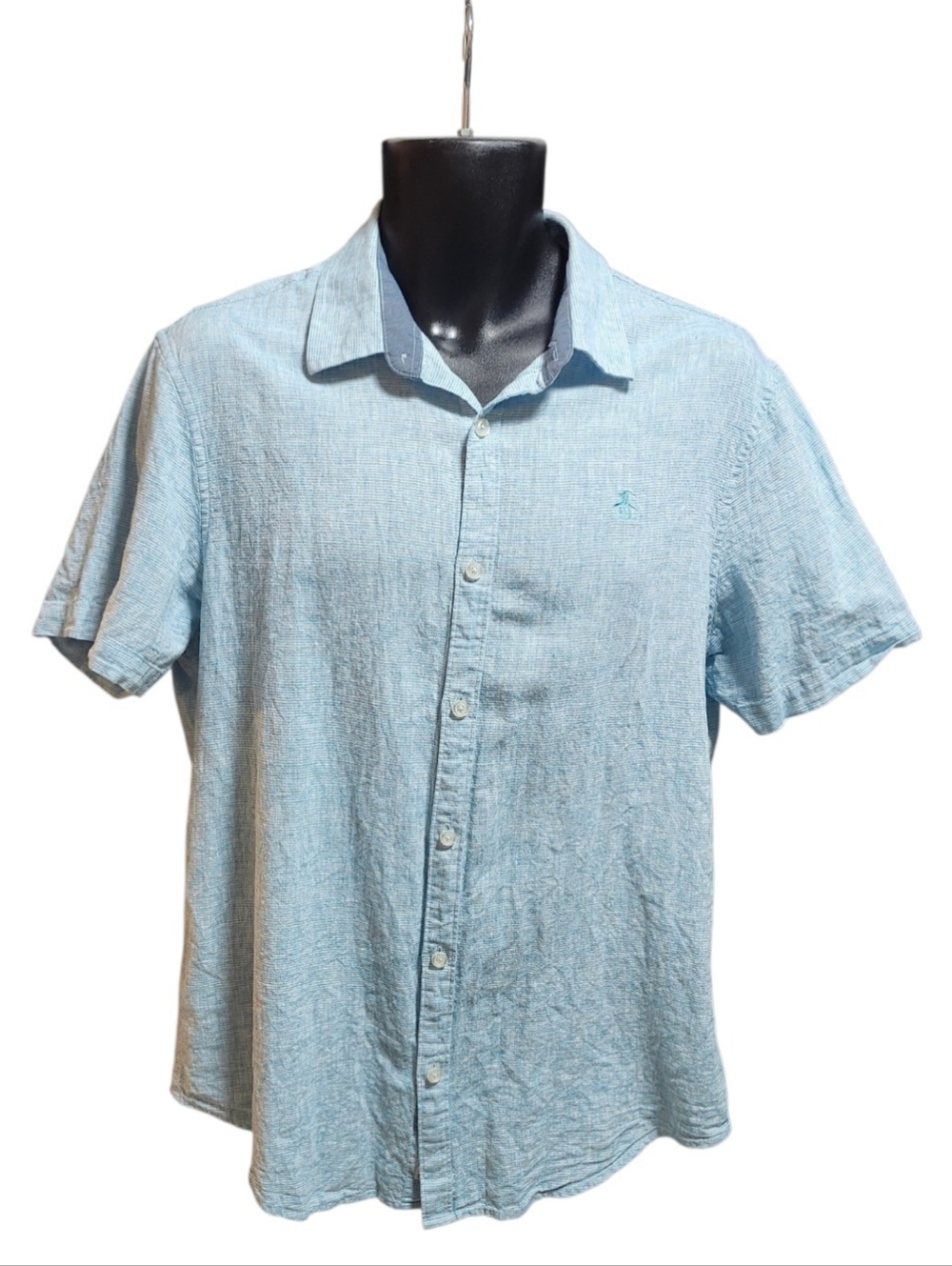 Original Penguin Men's Light Blue Linen/Cotton Short-Sleeve Button-Up Shirt